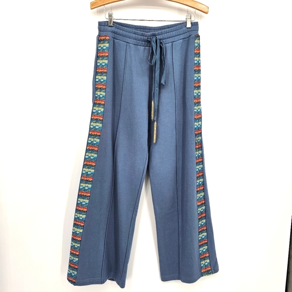 Aratta Vintage Blue Embellished French Terry Colonel Drawstring Boho Pants Small